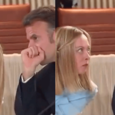 Macron sussurra a Meloni al G7, lei alza gli occhi al cielo: cosa le ha detto? Il gesto durante l’arrivo di Trump scatena il web