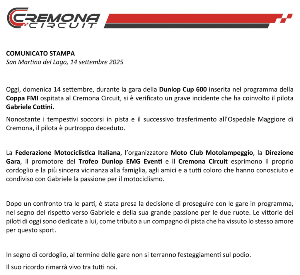 gabriele cottini comunicato cremona circuit