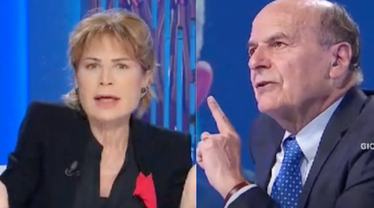 Pier Luigi Bersani e Brunella Bolloli durante lo scontro a Otto e Mezzo