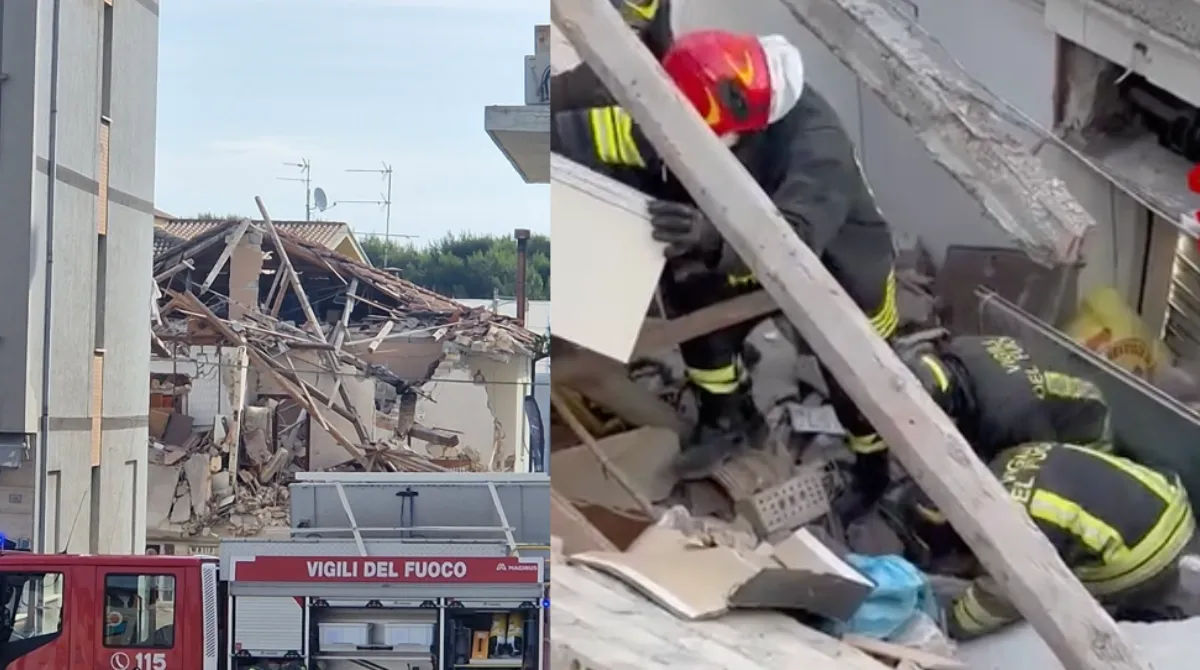 rollo palazzina Porto Sant'Elpidio Fermo dopo esplosione fuga di gas 6 giugno 2026 - vigili del fuoco macerie