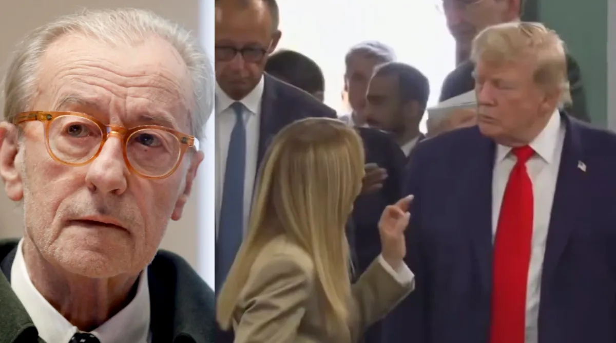 Studio di un talk show televisivo italiano con poltrona vuota, a illustrare l'intervento in diretta di Vittorio Feltri sullo scontro Trump-Meloni