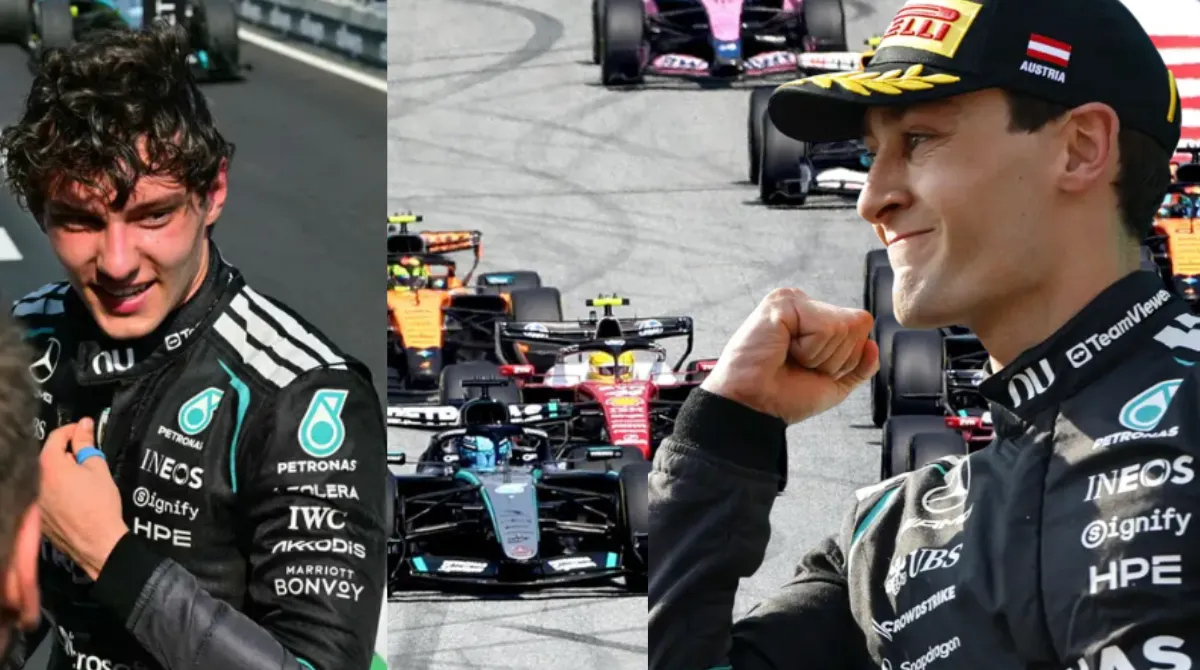 Monoposto di Formula 1 in pista su un circuito tra le colline, a illustrare la vittoria di George Russell nel GP d'Austria 2026
