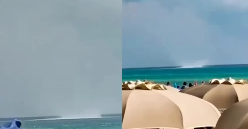 Tromba d’aria nel Salento a Torre San Giovanni: ombrelloni in volo e bagnanti in fuga dalla spiaggia – VIDEO