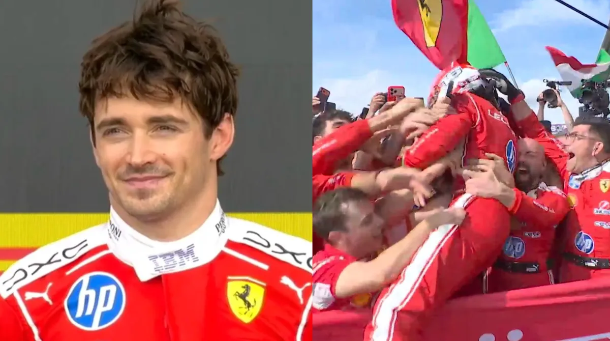 Una monoposto rossa di Formula 1 in pista, a illustrare la vittoria di Charles Leclerc con la Ferrari nel GP di Gran Bretagna a Silverstone