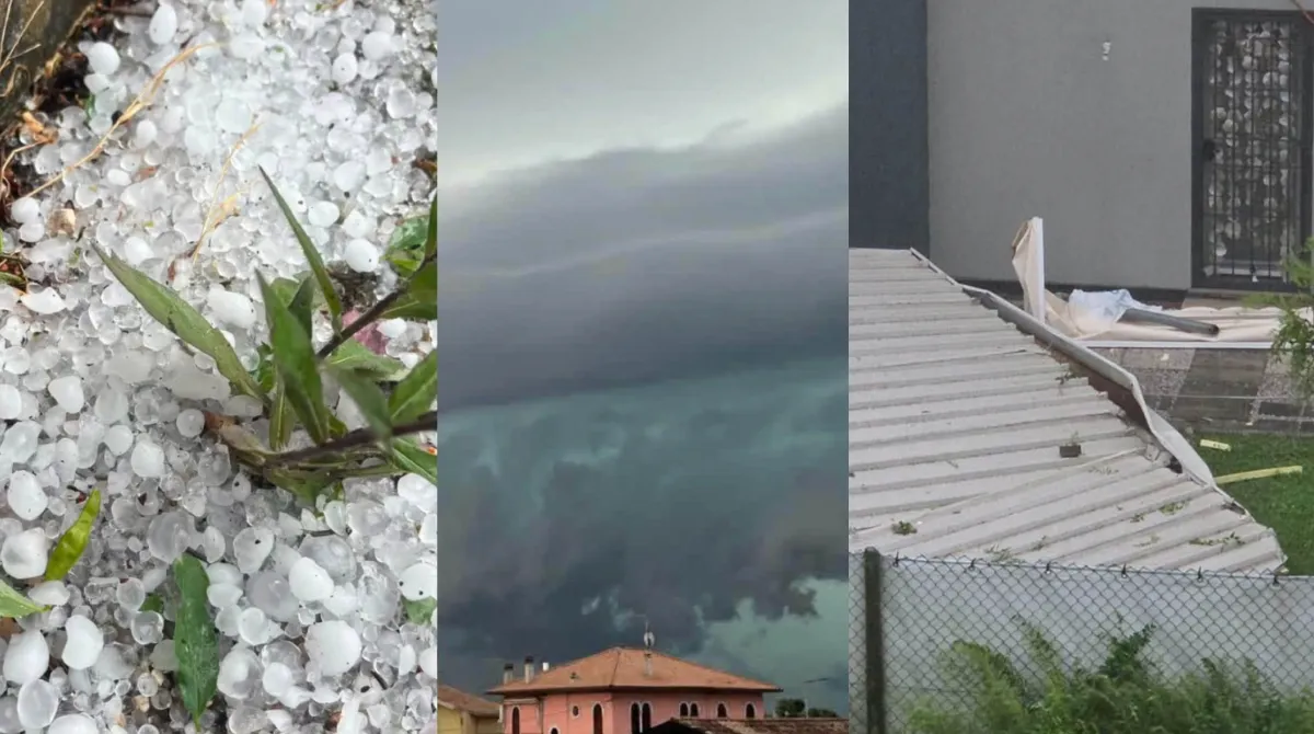Un violento temporale a supercella sul Nord Italia con le cime alpine innevate sullo sfondo, a illustrare l'ondata di maltempo del 1° luglio